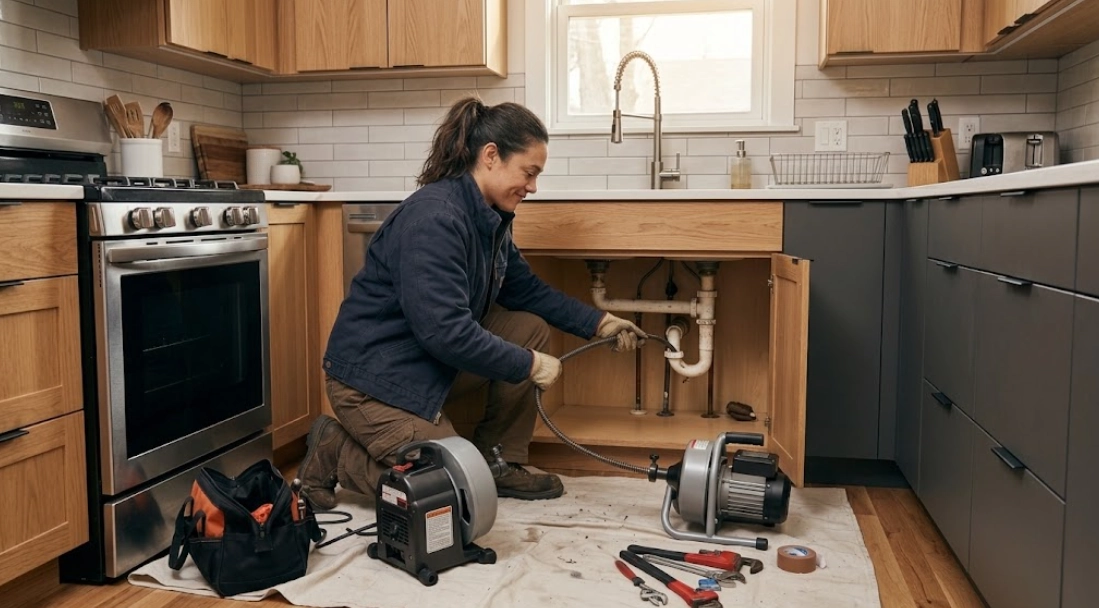Plumber using electric drum machine for drain cleaning University Heights Bronx