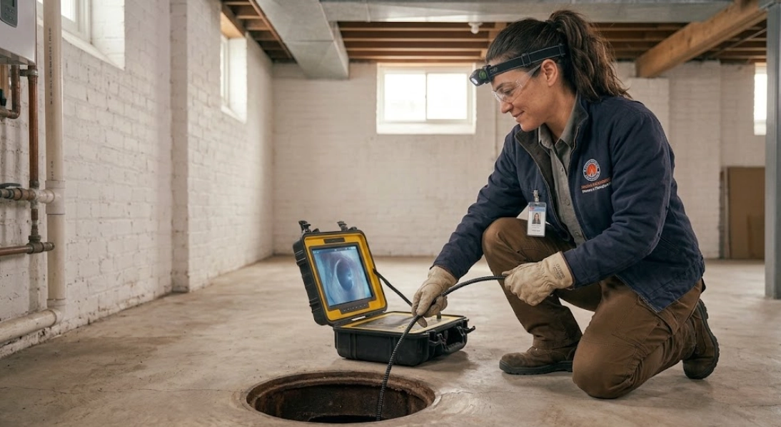 Technician viewing monitor for sewer line repair University Heights Bronx camera inspection