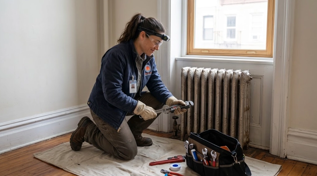 Plumber performing radiator repair University Heights Bronx on steam supply valve