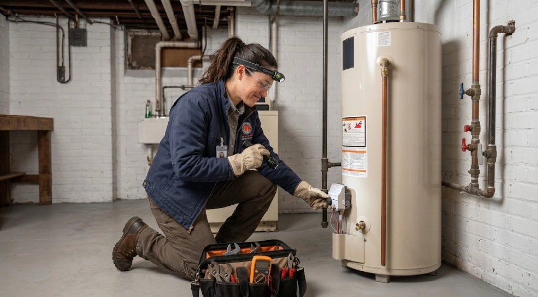 Plumber testing gas control valve for water heater repair University Heights Bronx